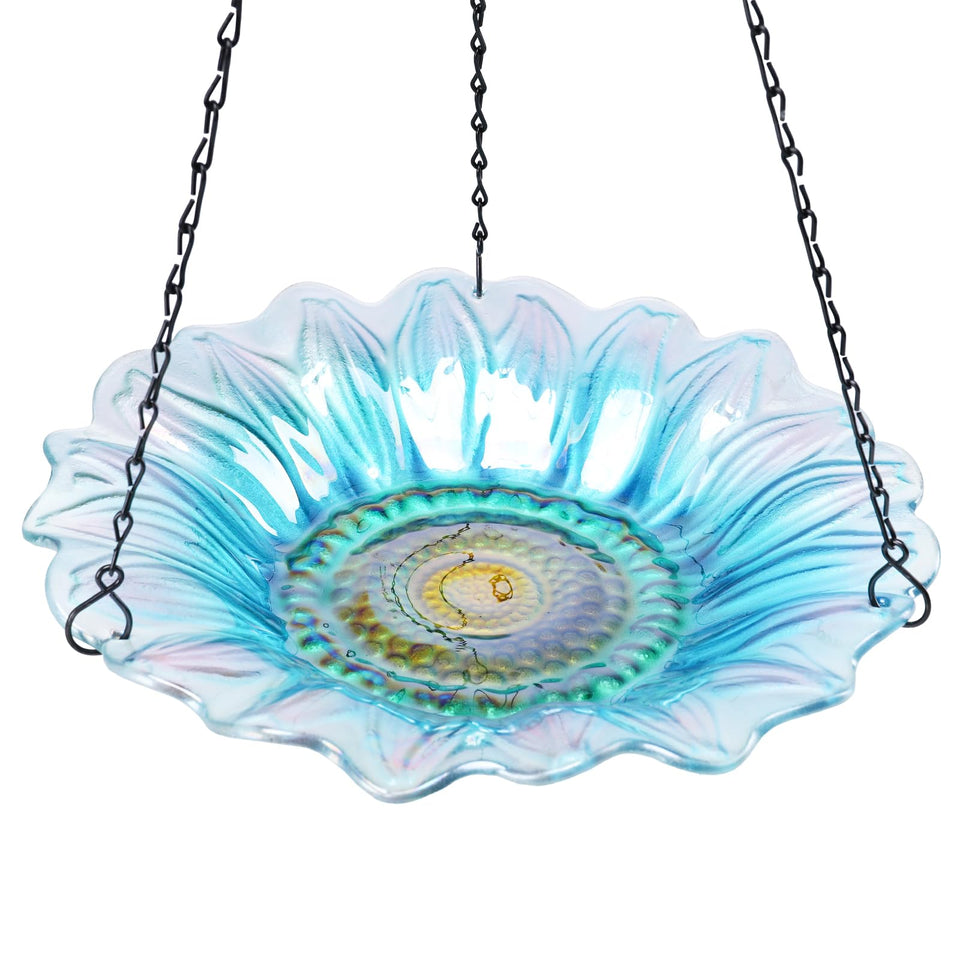 VCUTEKA BirdBath with daisy pattern, a hanging garden decor accent attracting birds.