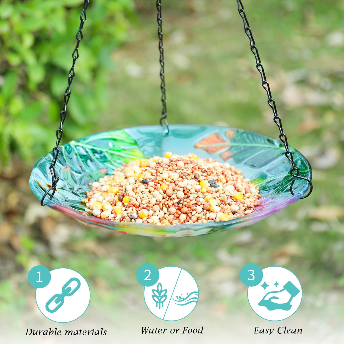 VCUTEKA birdbath filled with water and birdseed for versatile outdoor use