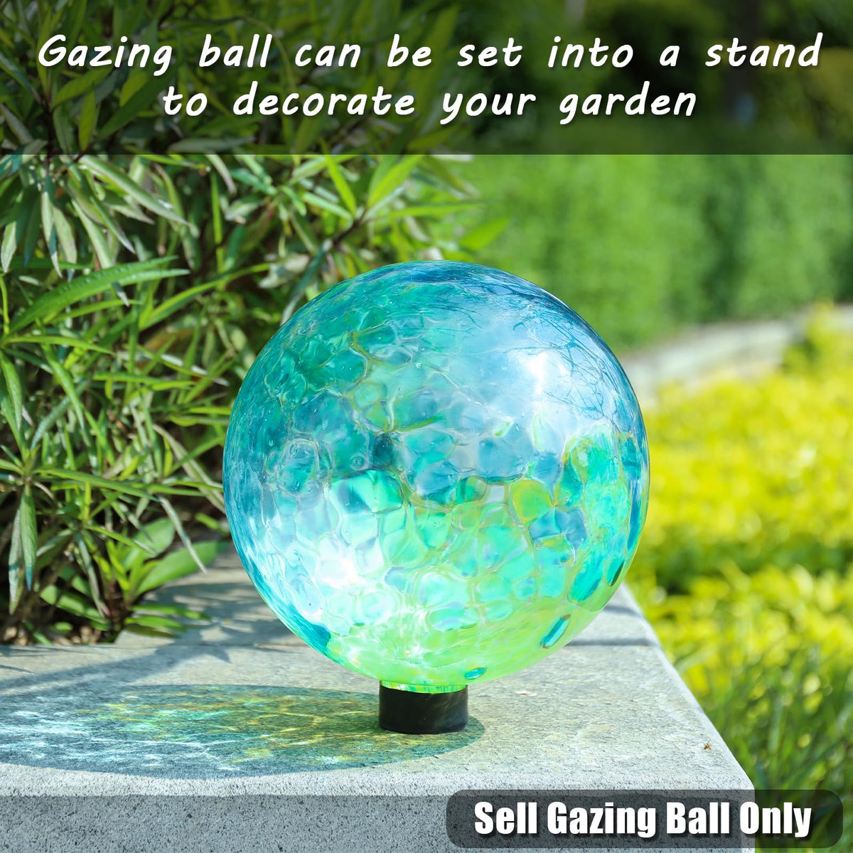 VCUTEKA blue swirl gazing ball in a garden on a stand
