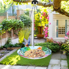 VCUTEKA flamingo-pattern glass birdbath bowl close-up highlighting durable glass surface and easy cleaning