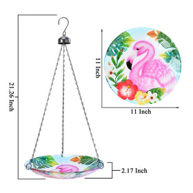 VCUTEKA flamingo-pattern glass birdbath chain close-up shows 21-inch rust-proof chain for secure outdoor hanging