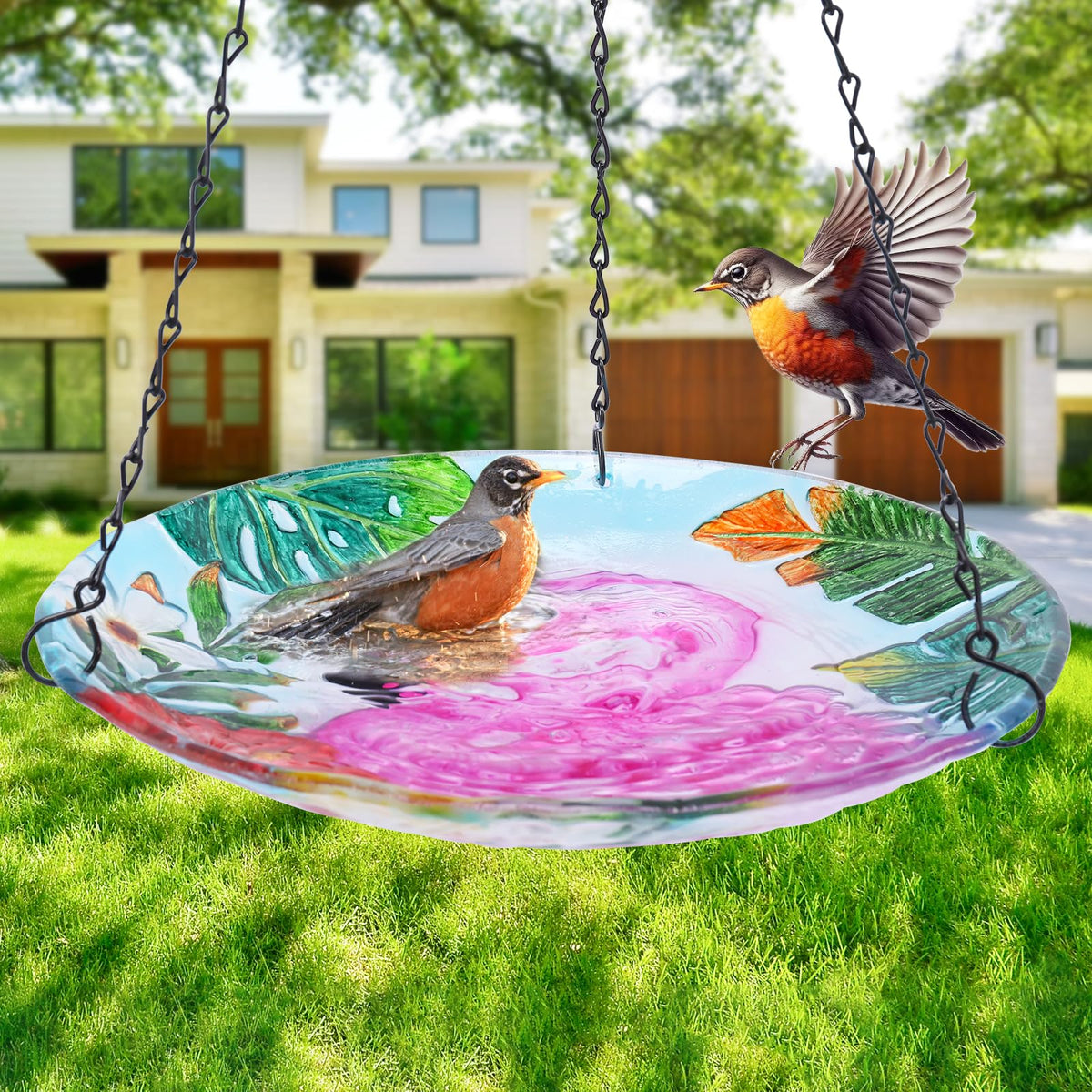 VCUTEKA flamingo-pattern glass birdbath detail showcasing elegant motif as garden focal point