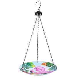 VCUTEKA flamingo-pattern glass birdbath hanging for outdoor garden decor and attracting birds
