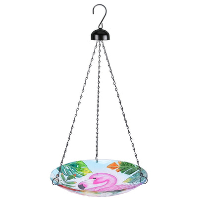 VCUTEKA flamingo-pattern glass birdbath hanging for outdoor garden decor and attracting birds