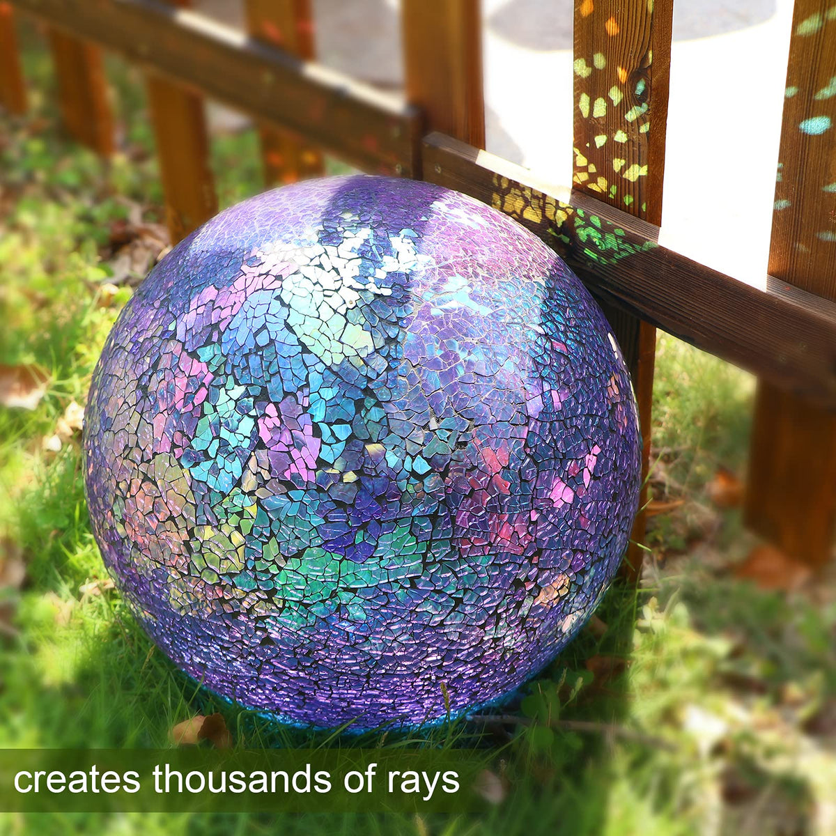 VCUTEKA gazing ball mosaic in blue and purple enhances outdoor décor