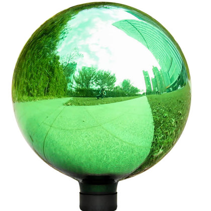 VCUTEKA gazing ball with mirror polish reflecting garden light.