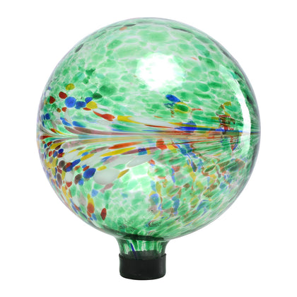 VCUTEKA Gazing Ball with green swirl glistens in sunlight, enhancing garden charm.