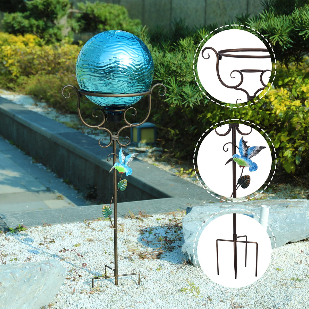 VCUTEKA gazing-ball-stand weather-resistant forged iron withstands snow and rain.