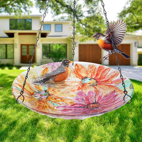 VCUTEKA glass bird bath with 21-inch rust-proof chain for durable outdoor use.