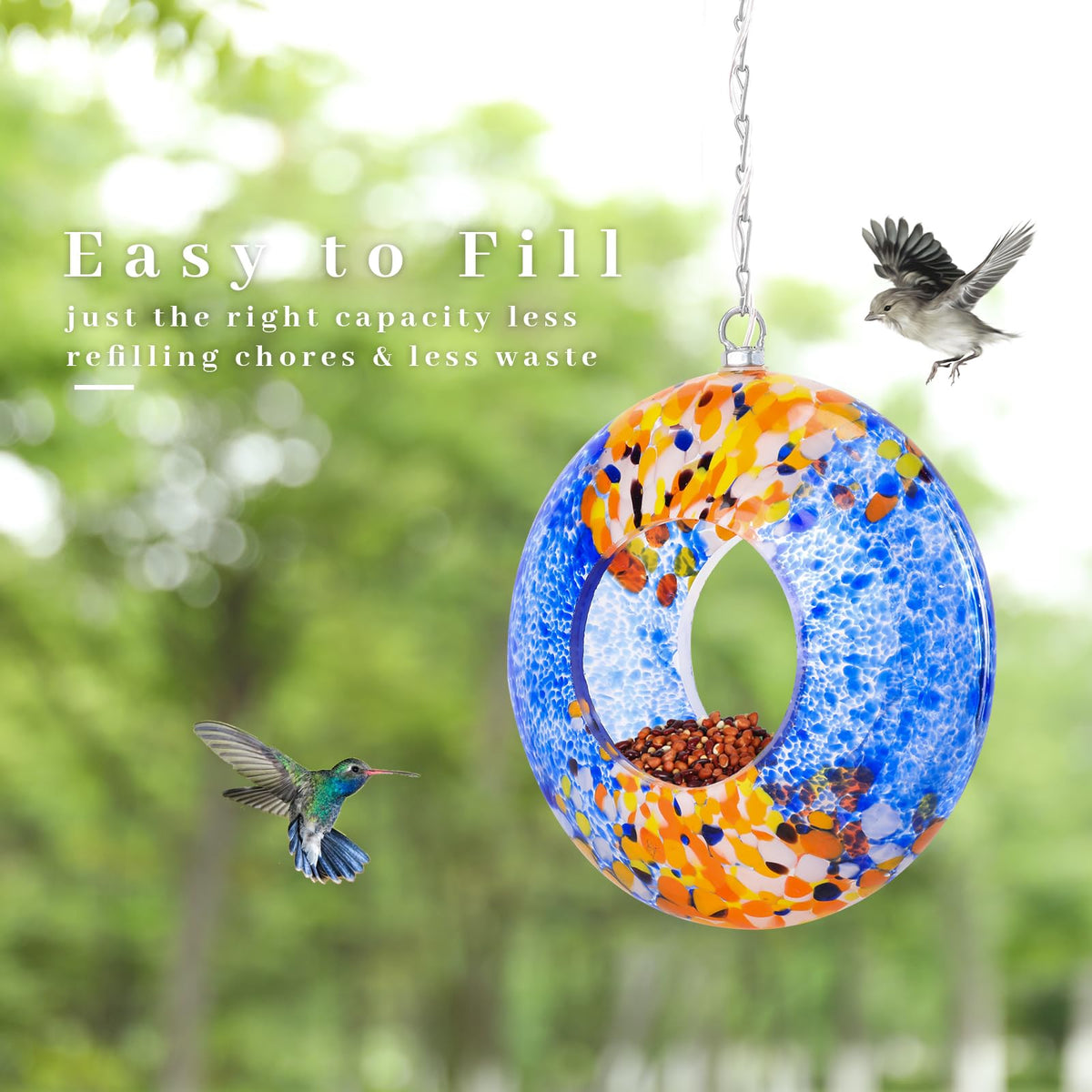 VCUTEKA glass bird feeder shows seed levels for easy refills