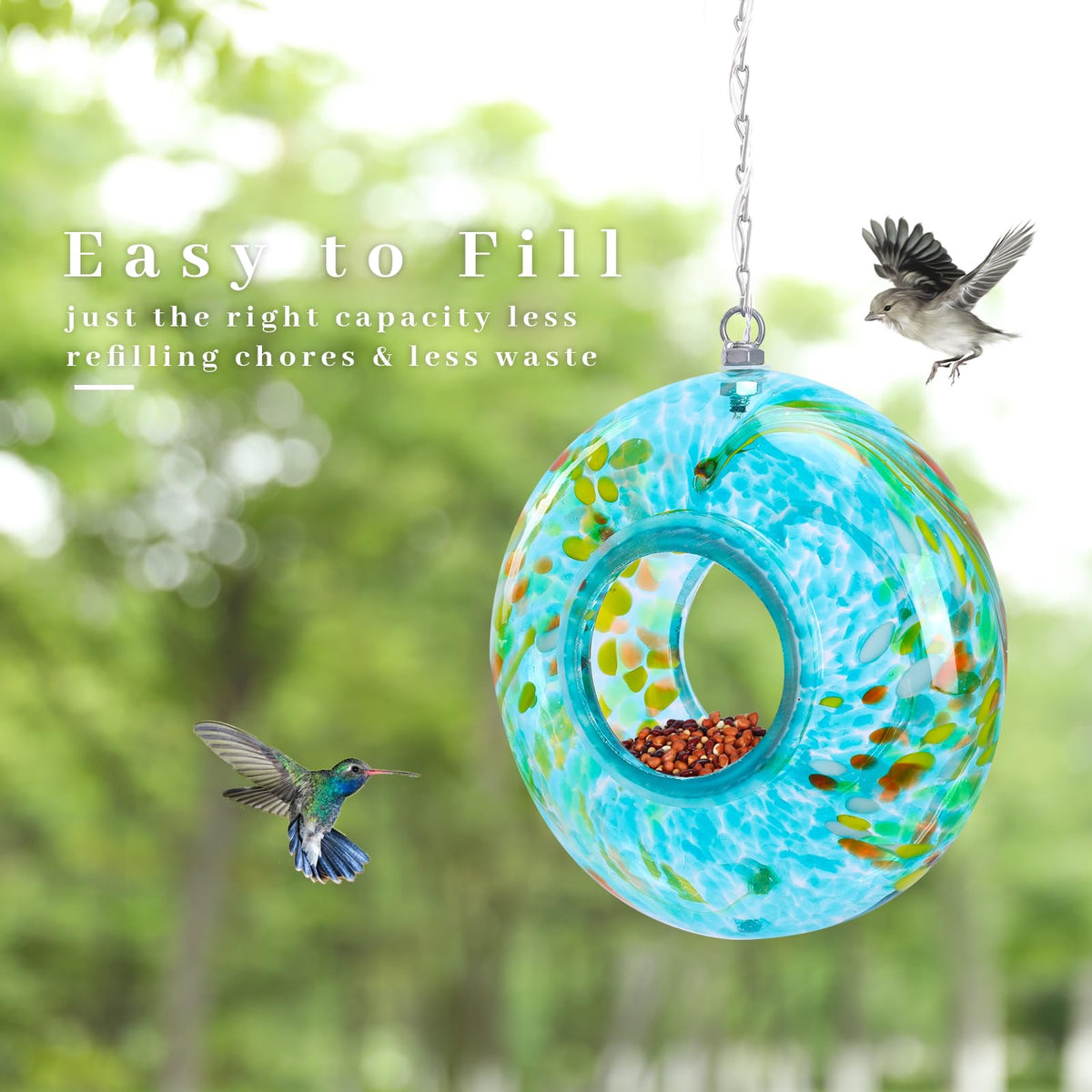 VCUTEKA glass bird feeder for outdoor use with visible seeds
