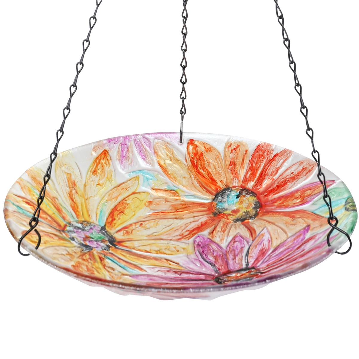 VCUTEKA hanging bird bath with glass flower pattern for stylish garden decor.