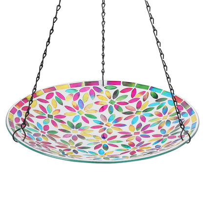 VCUTEKA hanging birdbath with glass mosaic flower pattern enhances garden charm and birdwatching.