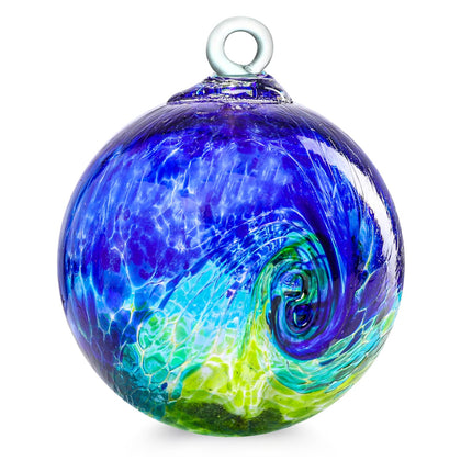 VCUTEKA hanging garden gazing ball with blue-green swirl reflects sunlight in outdoor spaces.