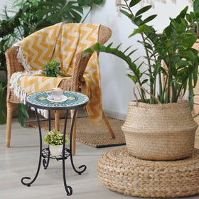 VCUTEKA mosaic top with purple flowers enhances garden decor.