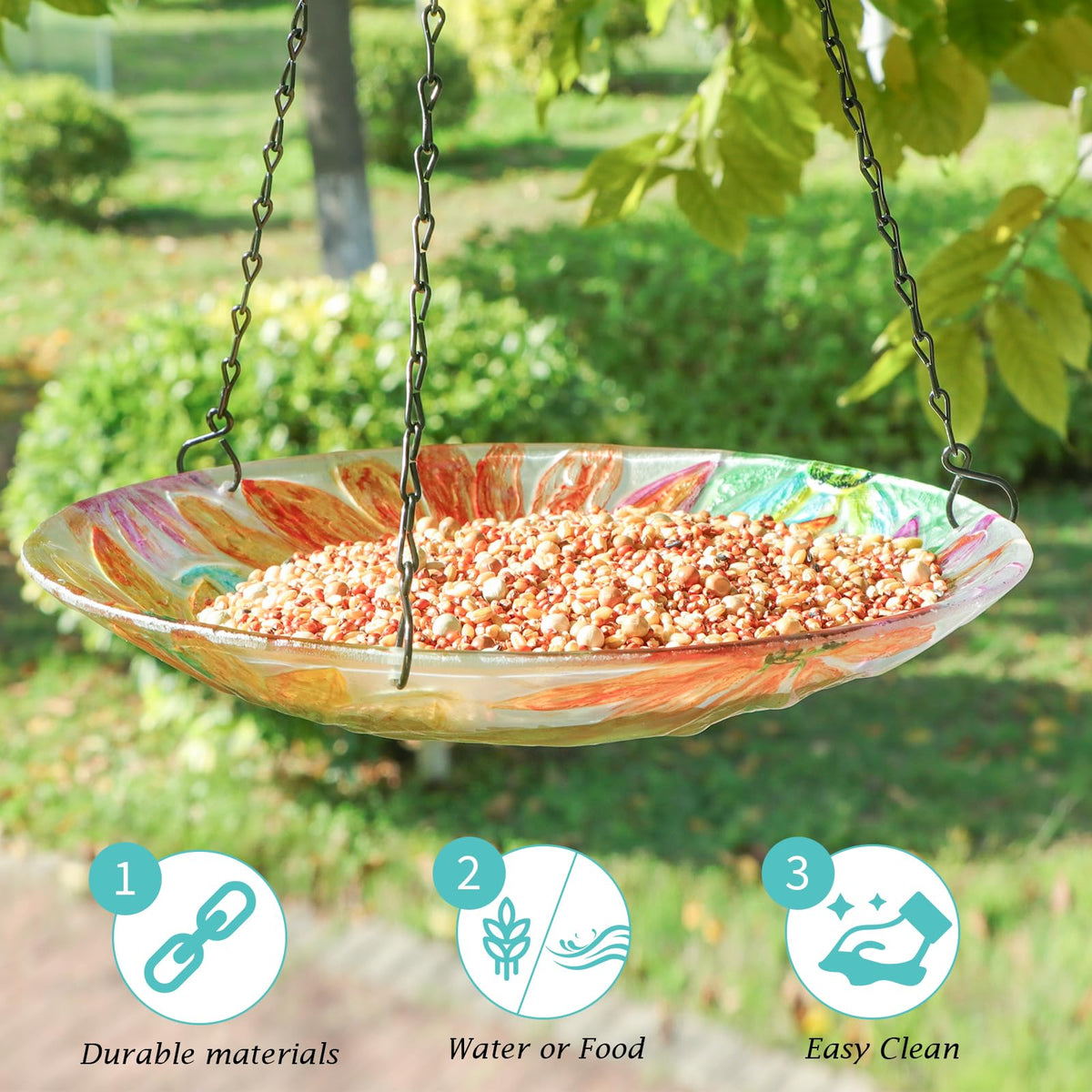 VCUTEKA hanging bird bath in the garden offers a graceful perch for birds.