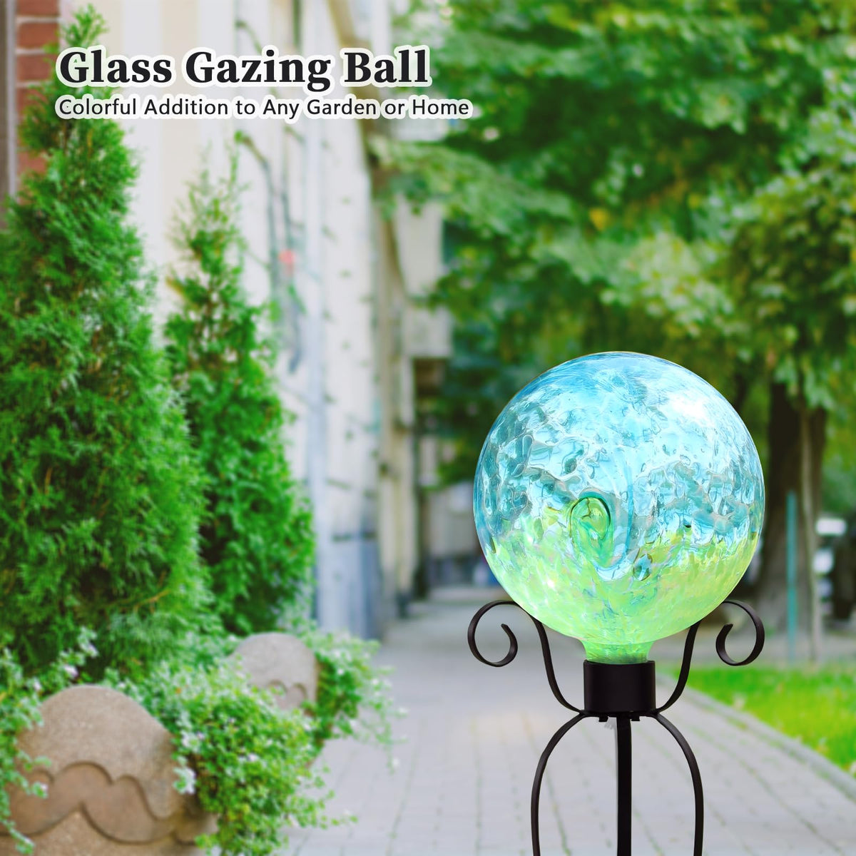 VCUTEKA sun-kissed gazing ball blue swirl shimmers during daytime