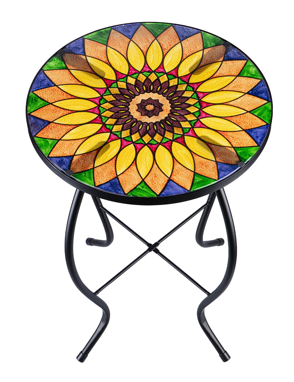 VCUTEKA Sunflower Design round side table with glass top for sturdy outdoor decor.