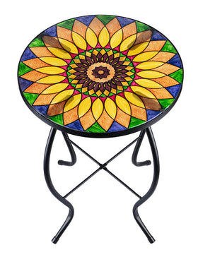 VCUTEKA Sunflower Design round side table with glass top for sturdy outdoor decor.