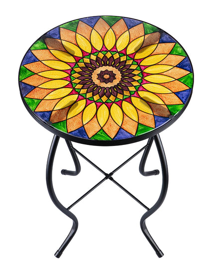 VCUTEKA Sunflower Design round side table with glass top for sturdy outdoor decor.