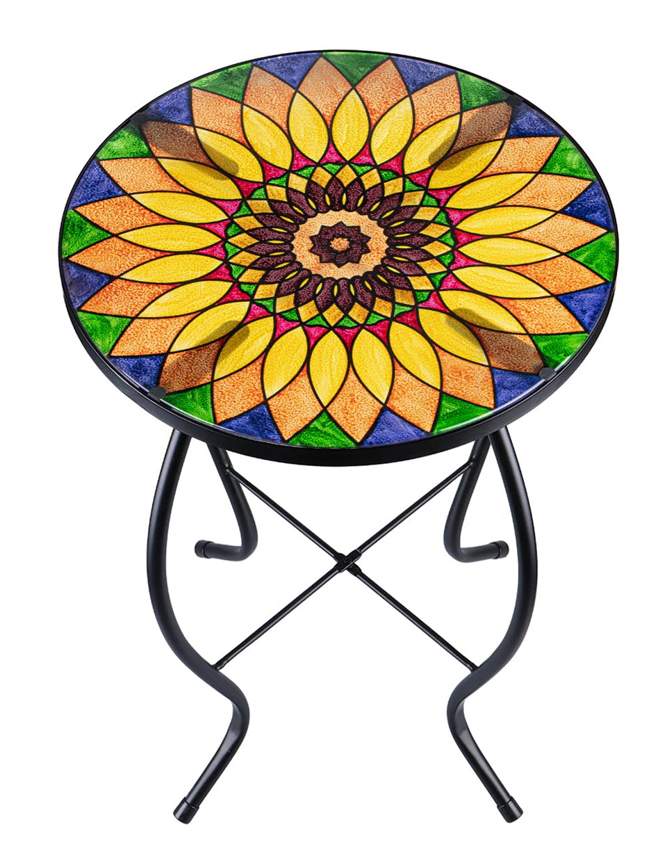 VCUTEKA Sunflower Design round side table with glass top for sturdy outdoor decor.