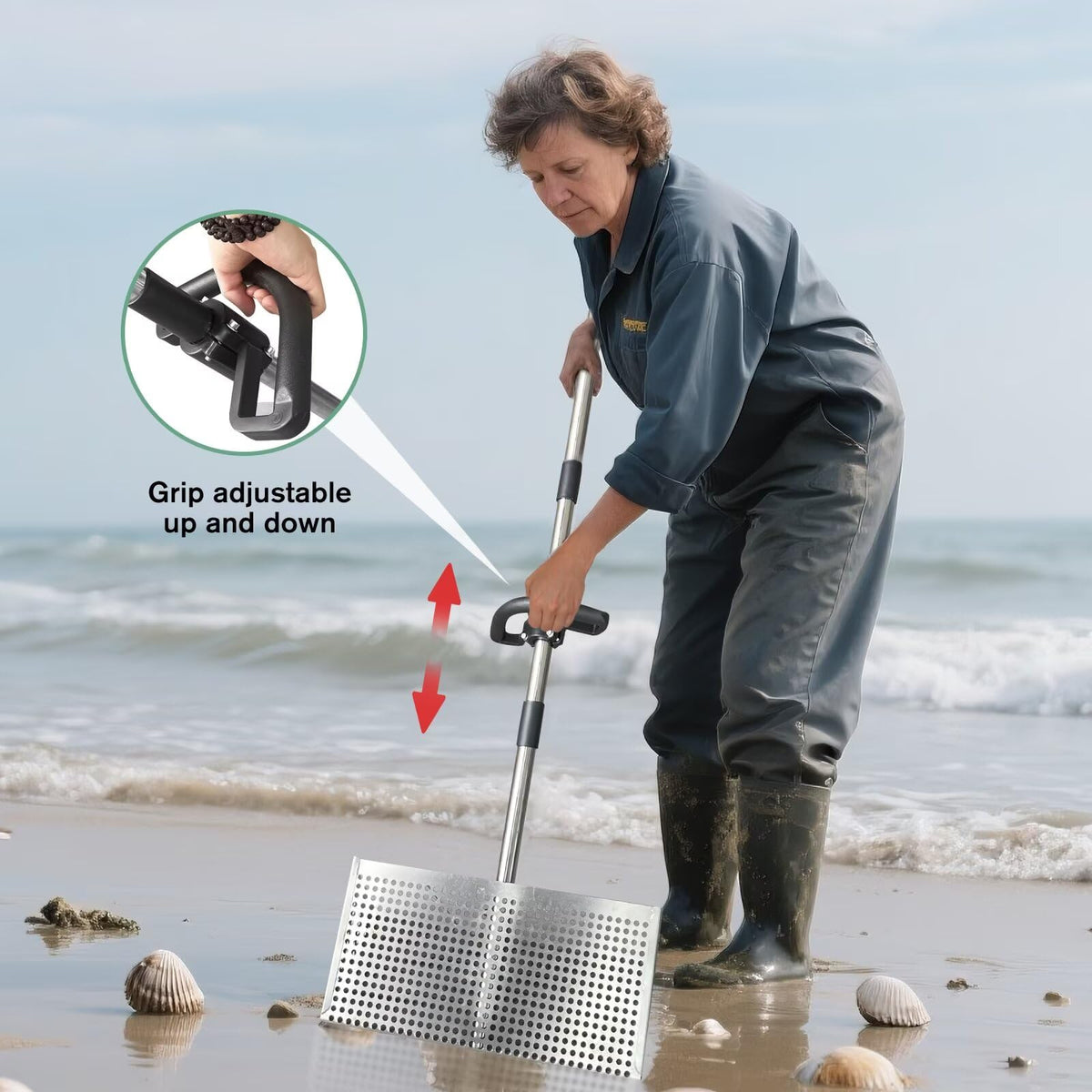 Vdsfand Sand Flea Rake stainless steel construction for durable beach use.