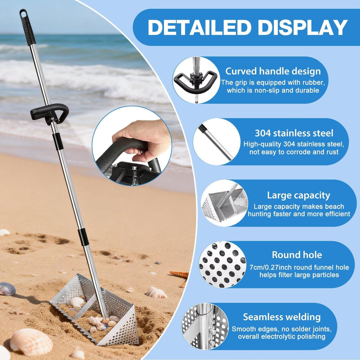 Vdsfand sand scoop anti-slip handle reduces wrist fatigue on long beach hunts.