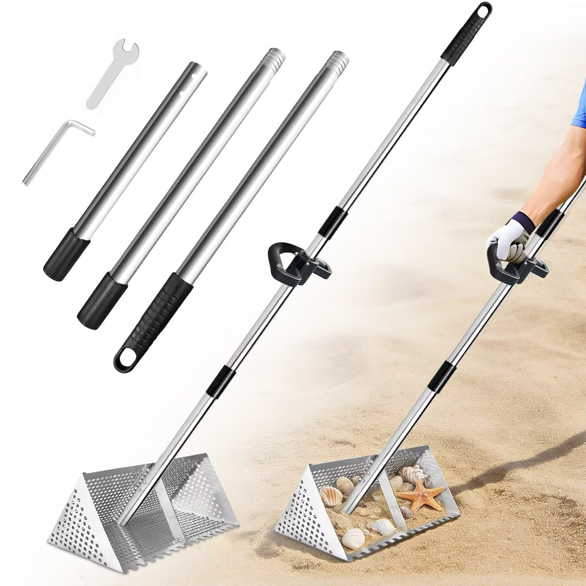 Vdsfand sand scoop with detachable 47-inch handle for standing digging comfort.