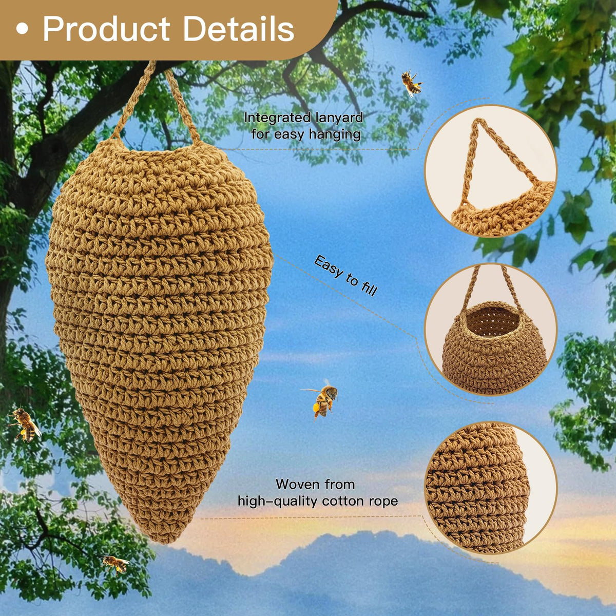 Vecacosic crochet wasp nest up close showing texture and rustic charm.