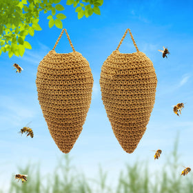 Vecacosic large crochet wasp nest decoy hanging under eaves to deter wasps.