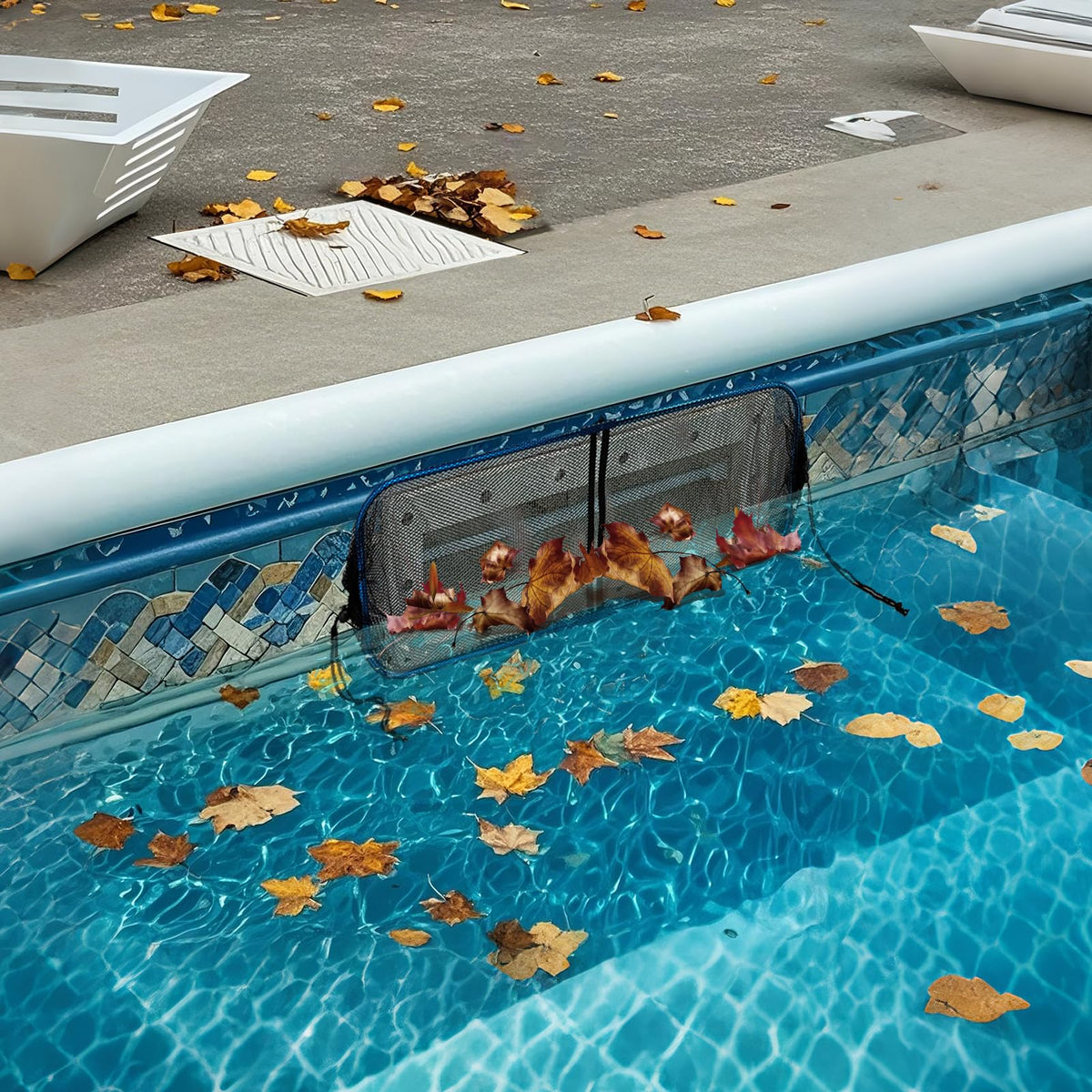 Vecacosic leaf catcher in action directs debris into the skimmer basket.