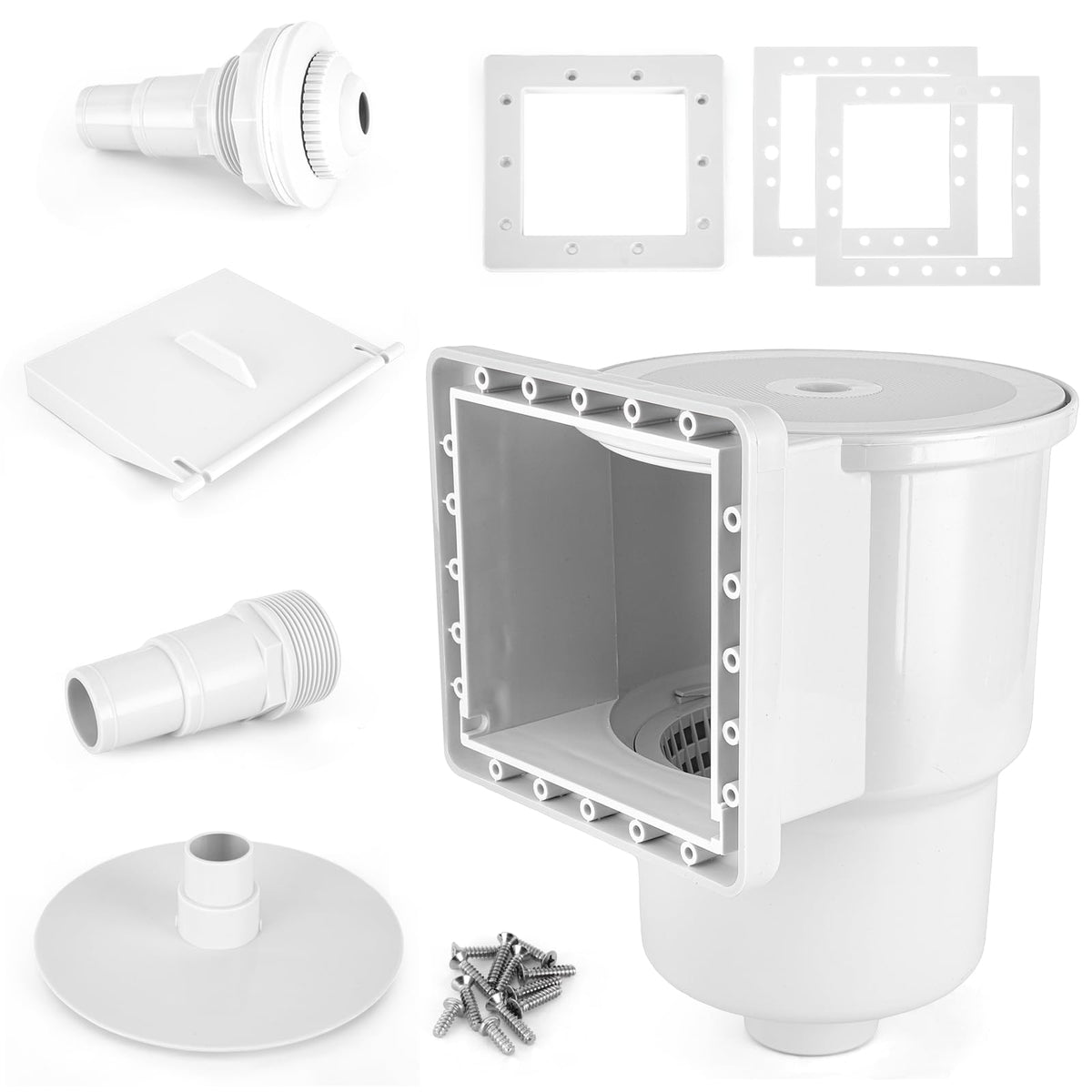 VECKYJL above-ground pool skimmer kit front view showing debris removal capability