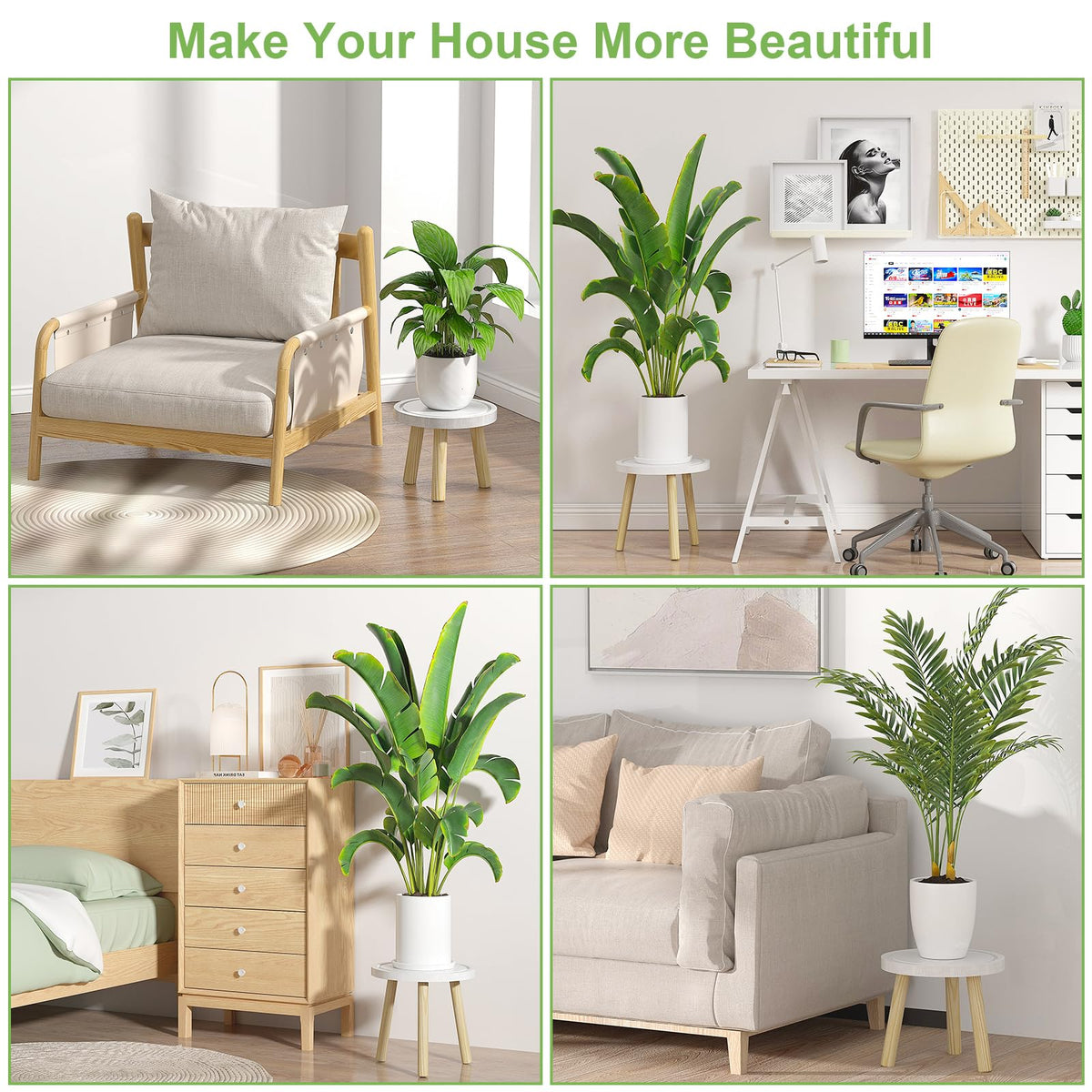 Vecxoty tall stand supporting a large plant for a dramatic living room focal point.
