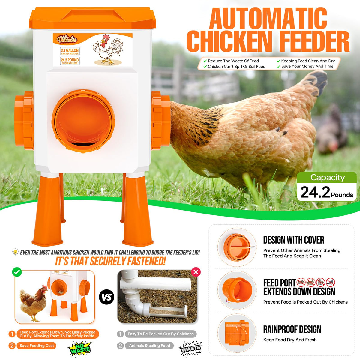 Vedalio chicken feeder with 24-2-pound capacity reduces refills.