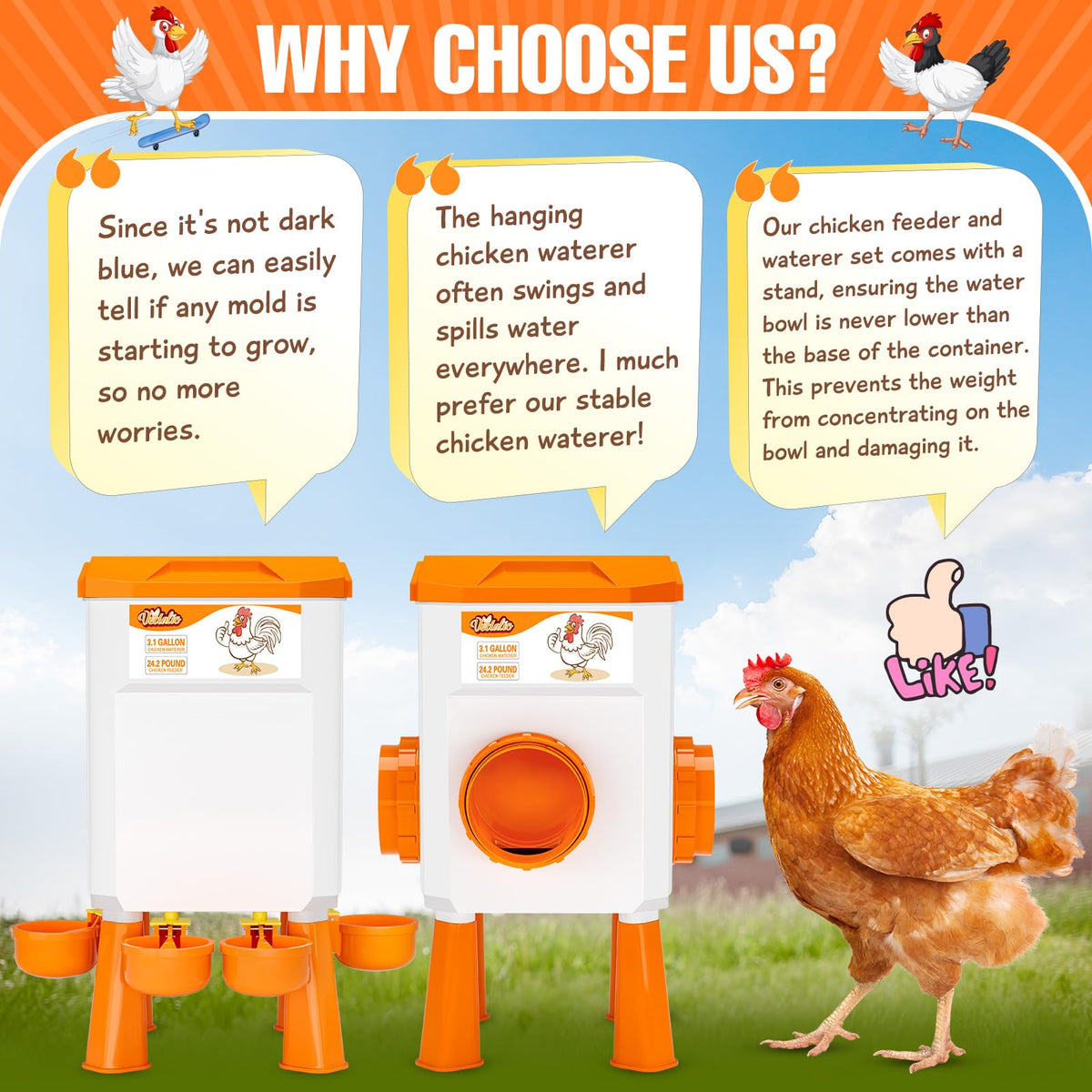 Vedalio weatherproof lids protect feed and water year-round.