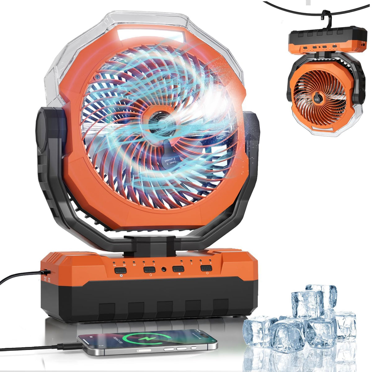 VEECAP portable misting fan front view shows compact 460ml tank for long outdoor cooling.
