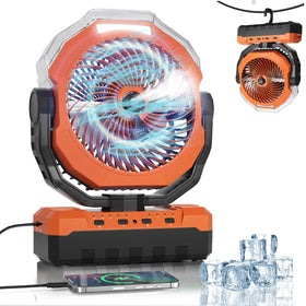 VEECAP portable misting fan front view shows compact 460ml tank for long outdoor cooling.