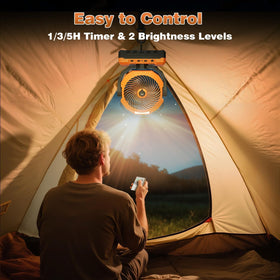 VEECAP misting fan with LED light provides night-time illumination outdoors.