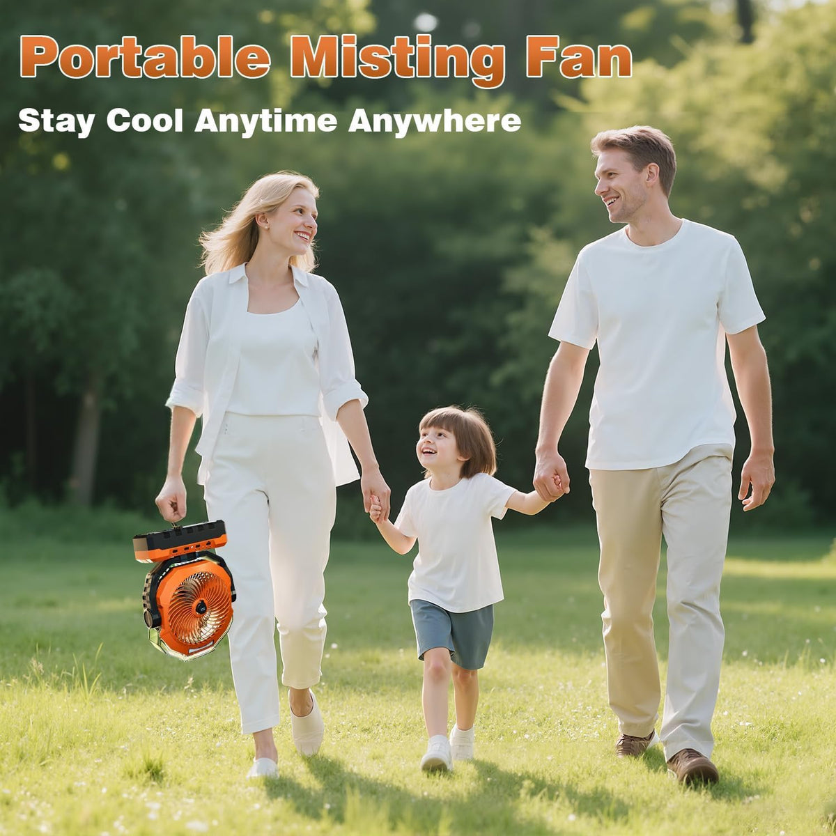 VEECAP misting fan side view highlights accessible battery compartment for extended runtime.