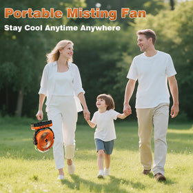 VEECAP misting fan side view highlights accessible battery compartment for extended runtime.