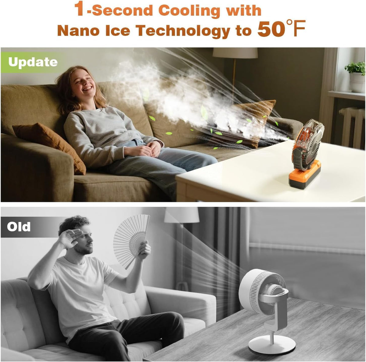 VEECAP camping setup image showing misting fan on patio for summer comfort.