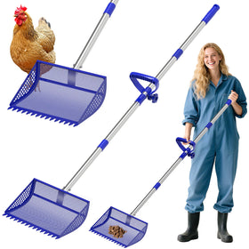 VEEMI chicken-poop-scooper-rake-2in1 adjustable-length in use for easy coop cleanup.