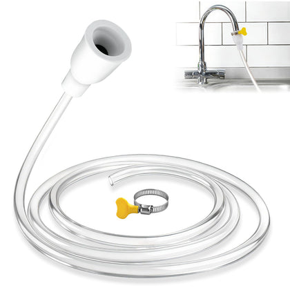 Veerlogix faucet hose attachment connected to a round faucet for easy cleaning.
