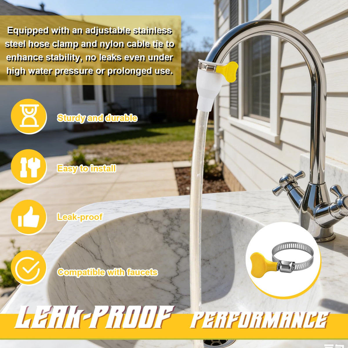 Veerlogix 6.5ft hose extends reach for outdoor cleaning and bucket filling.