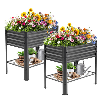 Veezyo raised garden bed with legs and shelf, side view highlighting sturdy steel construction for outdoors