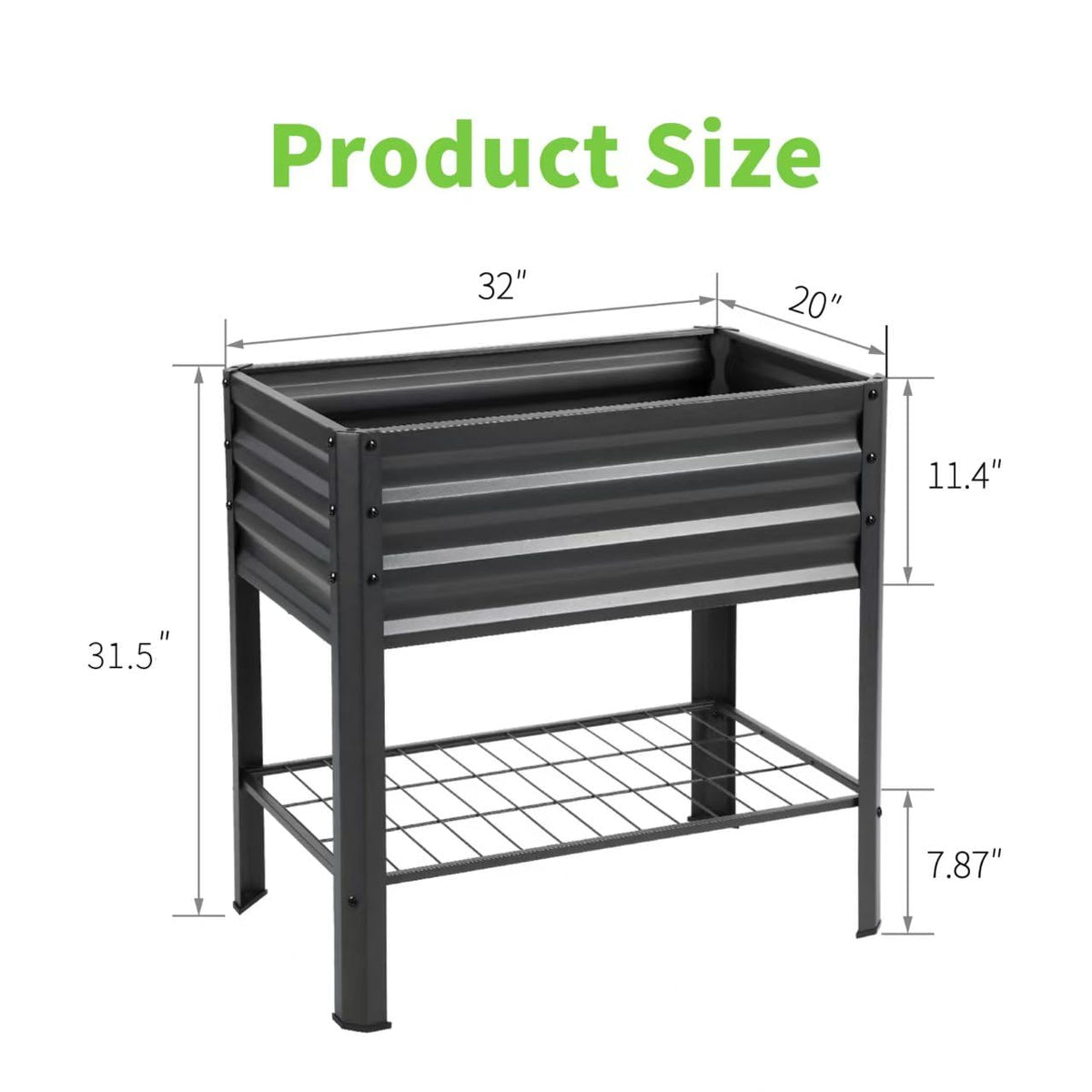 Veezyo raised garden bed with legs and shelf, storage shelf visible for tools