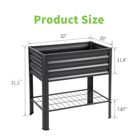 Veezyo raised garden bed with legs and shelf, storage shelf visible for tools