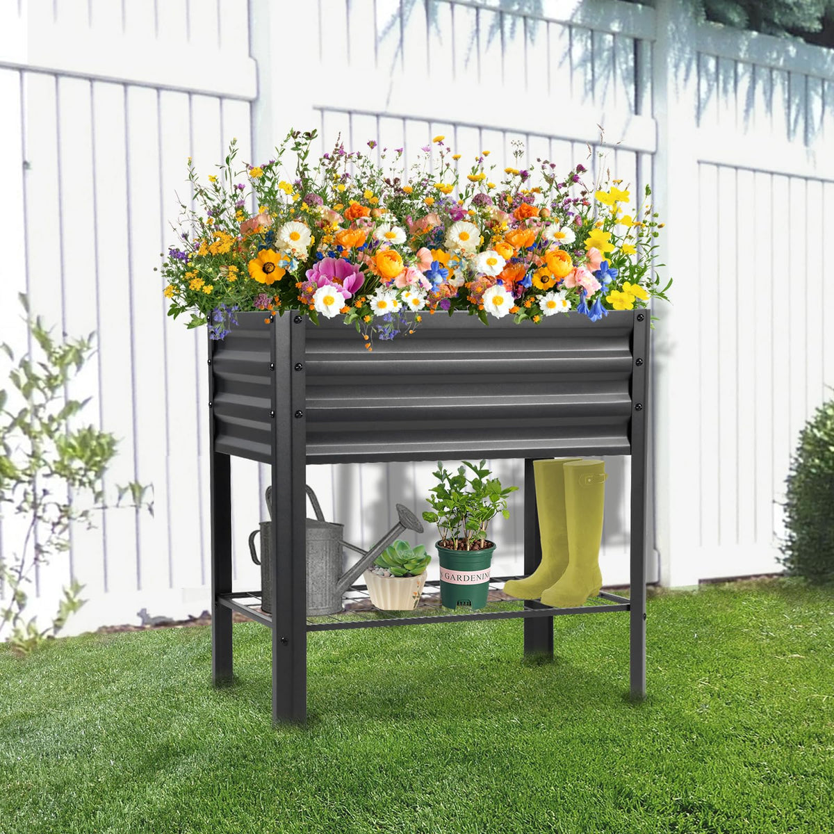 Outdoor-ready Veezyo raised garden bed in a yard setting