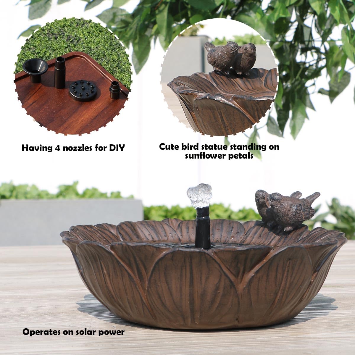 Veflauresi three-nozzle design delivers soothing, varied water flows for relaxing yard ambience.