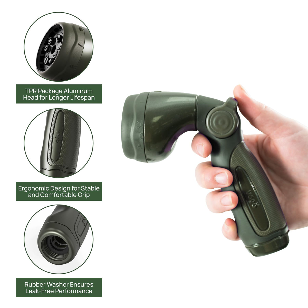 Vego anti-slip handle provides secure grip during extended watering sessions